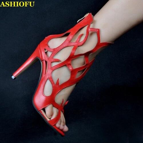 ASHIOFU Wholesale Womens High Heel Sandals Cut-out Party Prom Summer Shoes Large Size Evening Club Fashion Sandals Red Shoes