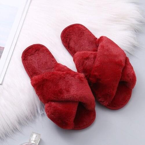 Women Winter House Faux Fur Slippers Fashion Warm Shoes Woman Slip on Flats Female Slides Black Pink cozy home furry slippers