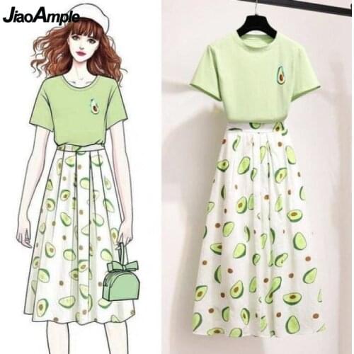 2021 Summer Women Fashion T-shirt Skirts Set Girls Leisure Avocado Dress Lady Casual Green Short Sleeve Clothing Suit Wholesale