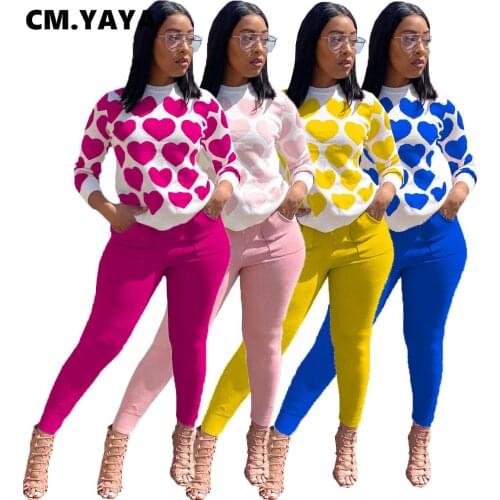 CM.YAYA Sportwear Womens Set Love Print Sweatshirt Jogger Pants Set Tracksuit Matching Two Piece Outfit Active Sweatsuit