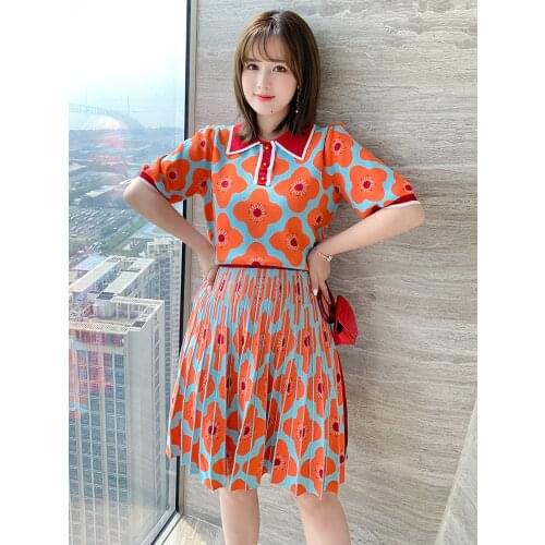 High quality Floral Jacquard Knitted Top+Patchwork pleated skirt suit for women 2021 summer new