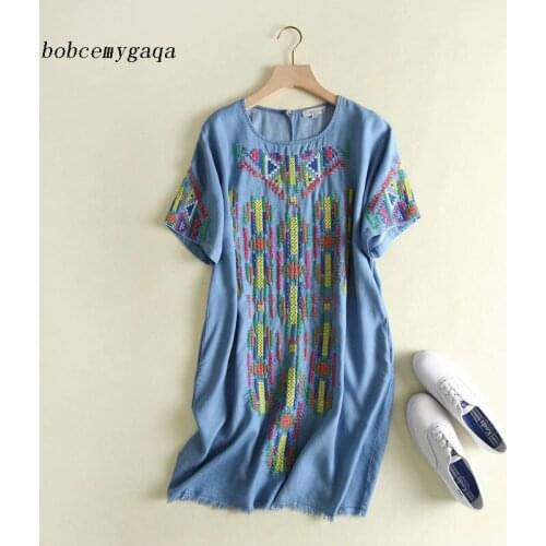 Ruffles embroidery denim dress women short sleeves casual summer loose denim dresses cotton cute light blue o-neck ruffled dress