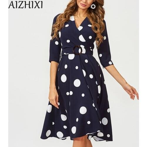 AIZHIXI Sexy V Neck Belt Dot Printed Dress Summer Slim A Line 3/4 Sleeves Elegant Vintage Dresses For Women Office Lady Workwear