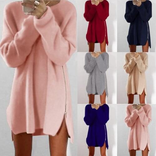 Autumn and Winter New Loose Self-cultivation Solid Color Long-sleeved Pink Round Neck Wild Simple Sweet Knitted Bottom Dress