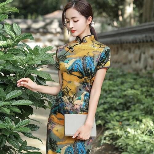 2021 Summer Yellow Cheongsam Short Sleeve Chinese Style Qipao Silk Vintage Long Dress Slim Plus Size Dresses