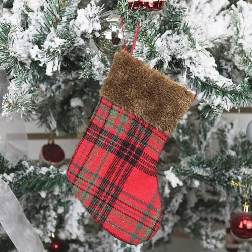 1Pcs Red Lattice Fabric Christmas Stocking Candy Gifts Bag Christmas Tree Decoration