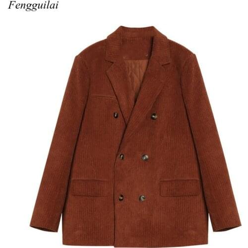 2021 Autumn Winter Womens Blazers Corduroy Jackets Double Breasted Pockets Outerwear Vintage Solid Thin Coats Plus Size