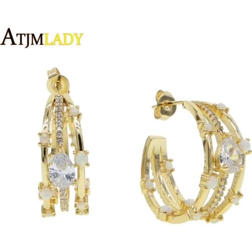 3 lines water drop cubic zirconia cz with fire opal earring hoops sparking bling gorgeous women wedding engagement gift jewelry