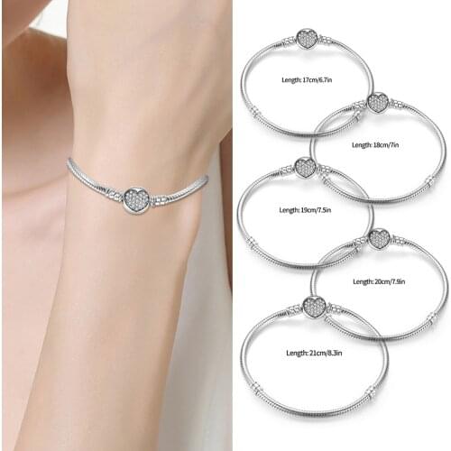 2021 925 Sterling Silver Heart-Shaped Zircon Bracelet&Bangle Suitable For Original 3mm Charms&Beads Fashion Jewelry Gifts