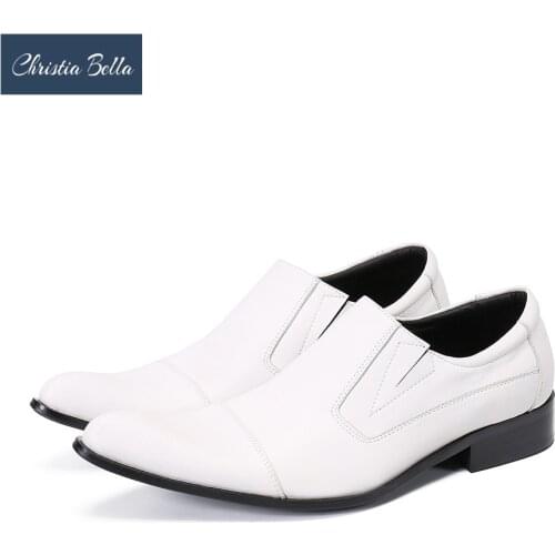 Christia Bella British White Genuine Leather Wedding Men Shoes Groom Pointed Toe Formal Dress Leather Shoes Business Footwear