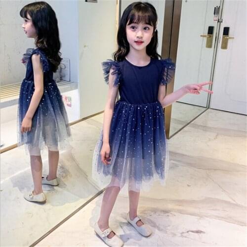3-12Y Teens Kids Dresses for Girls Princess Blue Gradient Starry Sky Gauze Dress Puff-sleeve Childrens Wedding Party Clothing