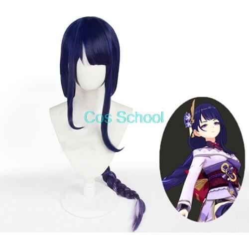 Game Headwear Genshin Impact Raiden Shogun Cosplay Wig Baal Headgear Womens Long Braided Dark Blue Hair + Wig Cap