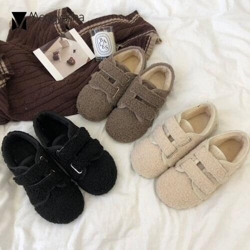 Ins Lambswool flats woman hook&loop wool fur loafers winter cotton shoes for women ballerina net celebrity plush furry moccasins