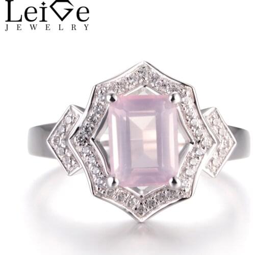 LeiGe Jewelry Unique Wedding Rings Natural Pink Quartz Rings Emerald Cut Pink Stone Ring 925 Sterling Silver Romantic Gifts
