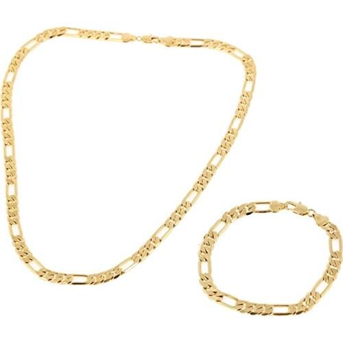 Solid Yellow Gold Filled Mens Womens Chain Bracelet Set of Figaro Chain Necklace Bracelet Set
