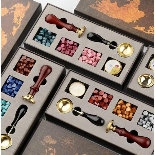 DIY Stamps Wax Seal Box Kit Detachable Stamp Spoon Set Sealing Beads Envelope Wedding Packaging Gifts Postcard Stamping