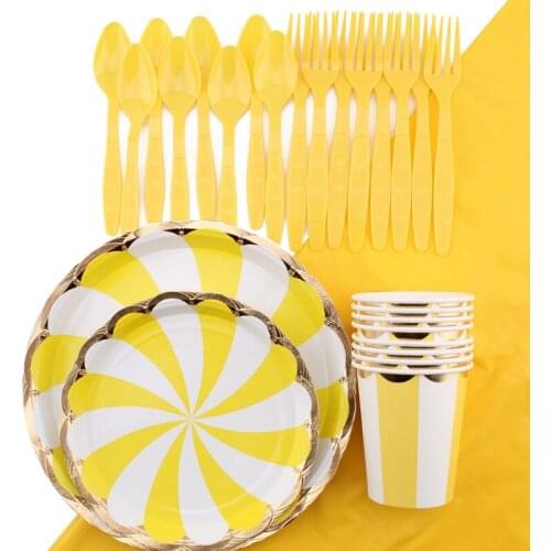 Yellow Rotating Lace Tableware Set Birthday Celebration Party Picnic Party Decoration Supplies Disposable Tableware Decoration