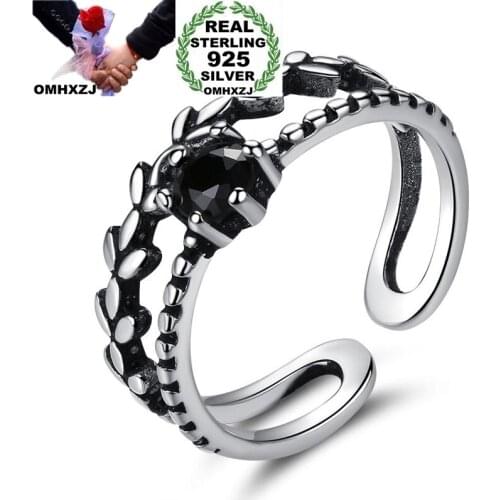 OMHXZJ Wholesale RG84 European Fashion Woman Girl Party Birthday Wedding Gift Vintage Leaf Open Zircon S925 Sterling Silver Ring