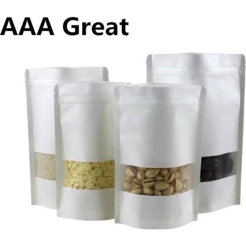 AAA Great Ziplock Kraft Paper Window Pouch White Dried Food Fruit Tea Gift Packaging Self Sealing Zipper Stand Up Bags 50Pcs/Lot