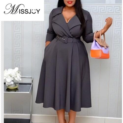 MISSJOY 2019 Autumn High Waist Solid Color Business Office Ladies V-Neck Polo Mid Dresses Women With Belted Sexy Femme Elegant