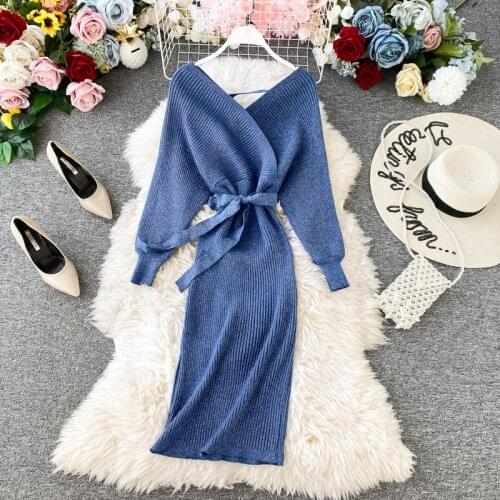 Autmn Winter Bright Silk Knit Dress Women Bat Sleeve Sexy V-neck High Waist Sweater Dress New Ladies Bodycon Dress Vestido Mujer
