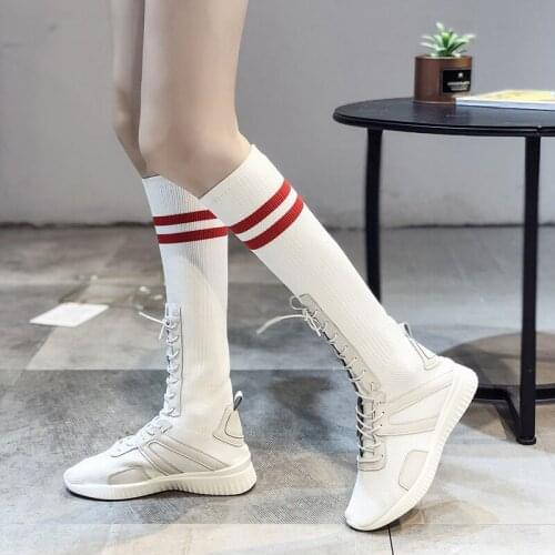 Net Red High Tube Knight Boots Female Flat Bottom Breathable Student Boots Spring and Summer Flying High-tie Socks Shoes