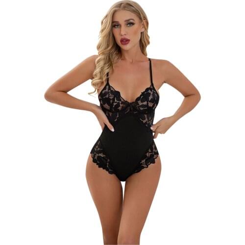 Sexy Lace Embroidery Bodysuit Lingerie for Women See Through Black One Piece Bodysuits Lingerie Exotic Teddies Bodysuits Pajamas