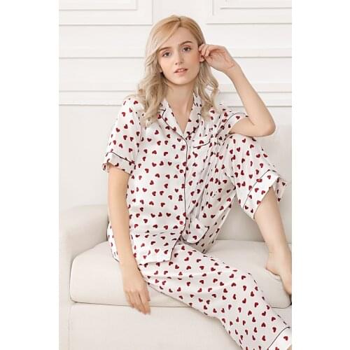 Silk Pajamas Womens Two-Piece Summer Mulberry Silk Short Sleeve% Printed Spring and Autumn Silk Home Wear T8246