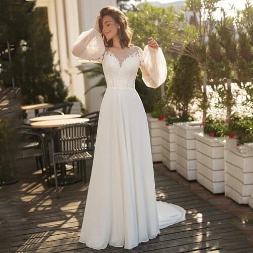 Princess Wedding Dress for Bride White Ivory Puff Sleeves Scoop Neck Appliques Chiffon A Line Bridal Gowns