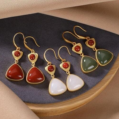 S925 Sterling Silver Triangle Earrings Natural Hetian Jade Southern Red Agate Personality Minimalism Royal Court Style High-Grad