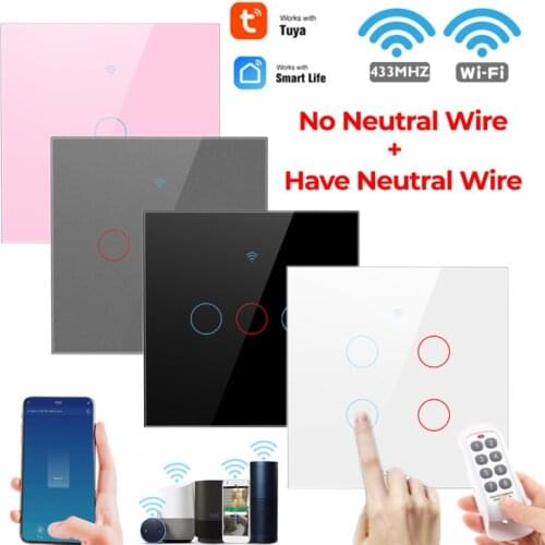 Smart Wifi Touch Switch No Neutral Wire Required Smart Home 1/2/3/4 Gang Light Switch 220V Support Alexa Tuya App 433RF Remote