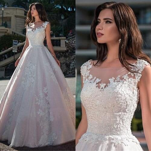 Vintage Sheer Neck Tulle Skirt With Applique Lace Beading Wedding Dress 2021 Nuture Waist vestido casamento Bridal Gown