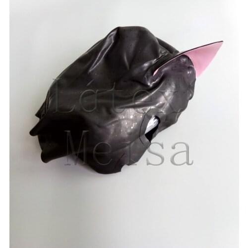 Handmade cat latex hoods Fetish open eyes and mouth in black and pink ears for women