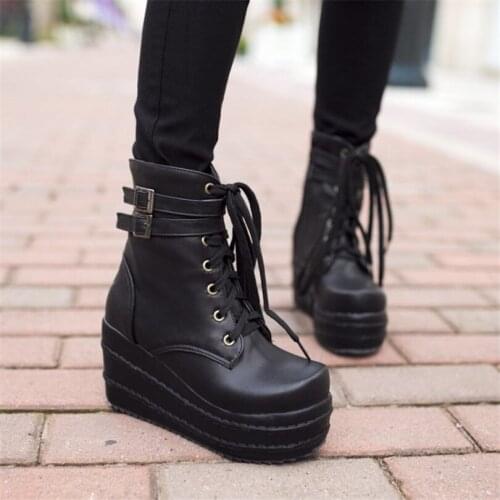 Tennis Shoes Womens Black Lace Up High Heels Ankle Boots High Top Wedges Platform Party Punk Pumps Shoes Round Toe Buckle Shoes