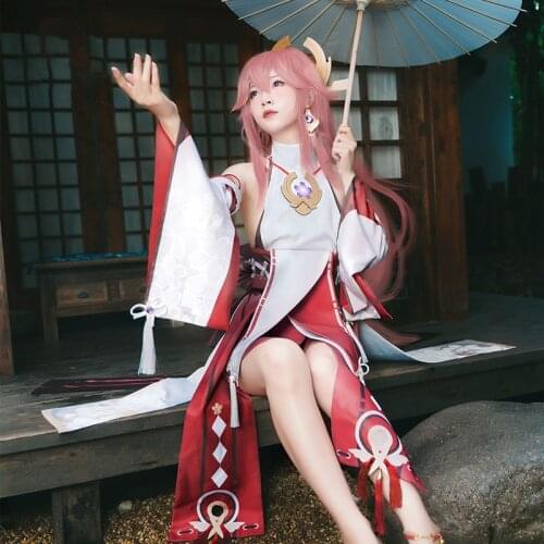 Genshin Impact Yae Cosplay Costume Yae Guuji Cosplay Costume Sexy Women Dress Outfits Game Yae Cosplay Wig Yae Guuji Cosplay Wig