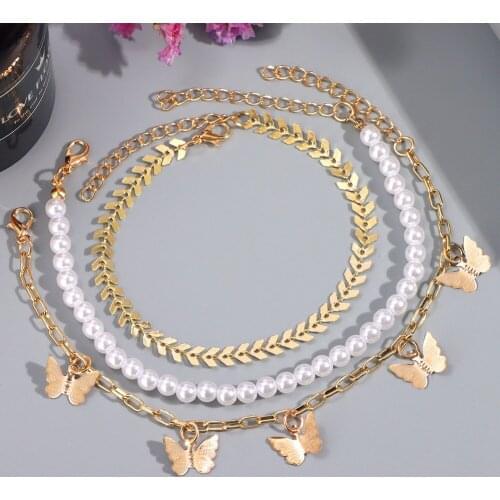 JUST FEEL Bohemia Multilayer Metal Butterfly Anklets for Women Fashion Imitation Pearl Chain Ankle Bracelet Summer Beach Jewelry