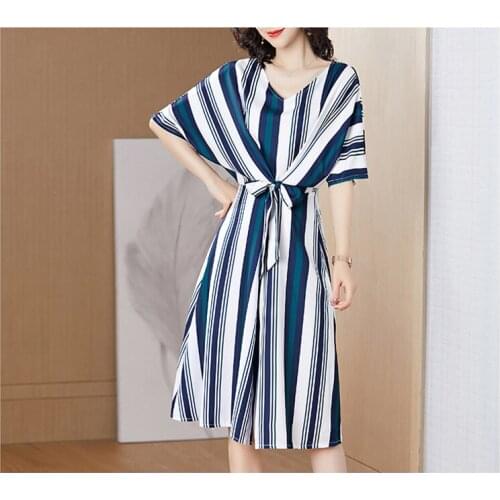 Fashion striped vestidos summer women 2020 new large size Single-breasted loose waist V-neck Bat sleeves Elegance dress D199