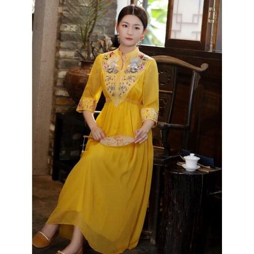 Top Quality Brand Chinese Dress 2021 Summer Women Lurex Embroidery 3/4 Sleeve Ankle Length Long Pink Yellow Dress Vintage Qipao