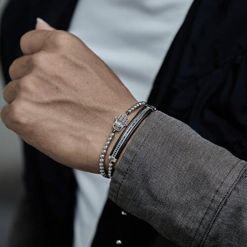 2 Pcs/ Set Long Elbow Hand Charm Men Bracelet Simple 4mm Braided Macrame Bead Bracelet For Men Jewelry Gift