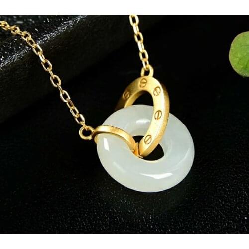 3D Yellow Gold Pure Gold Inlaid Natural Hetian Jade Lucky Safety Button Pendant Necklace for Woman Chains Jewerly