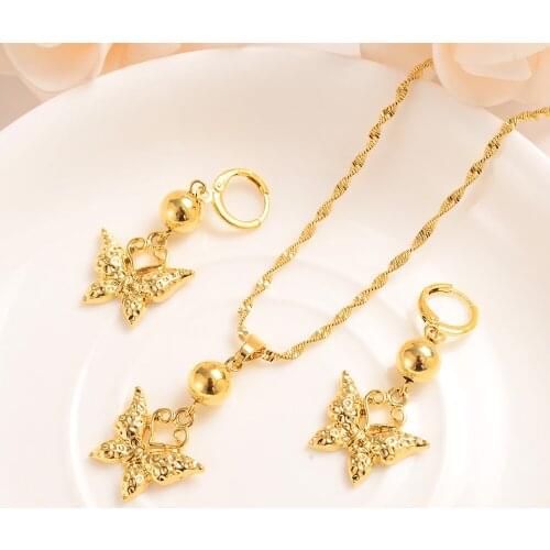 African vintage flower butterfly Pendant Necklace Gold Color Jewelry for Women wedding bridal party jewelry sets girls Gift