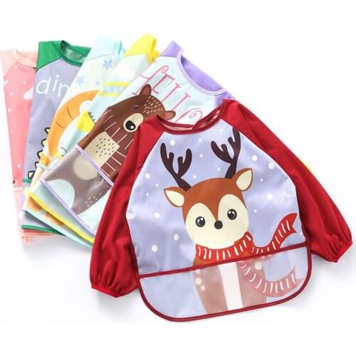 Infant Baby Bibs Waterproof Colorful Cute Cartoon Bandana Children Eating Feeding Bibs Long Sleeve Drawing Apron Baby Accesories