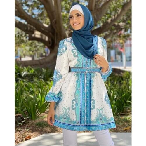 Dubai Vintage Print Tops Muslim Women Long Sleeve Tunic Tops Abaya Islamic Arabic Kaftan Blouse Ethnic Ramadan Eid Turkish Shirt