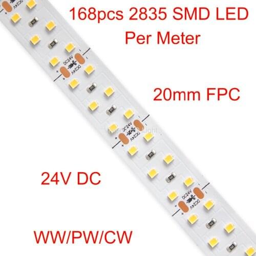 LED double row 20mm FPC 2835 Strips light, 5m a roll/ a lot, 168pcs 2835 smd led per meter, DC 24V