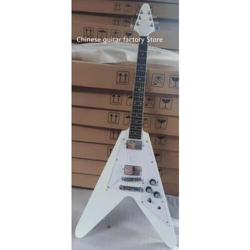 Guitarra eléctrica en forma de V, tienda personalizada, color y logo personalizado, con incrustación de diapasón, color blanco c