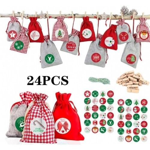 24Pcs Burlap Bags Multi-function Christmas Advent Calendar Bags Set for Candy DIY Christmas Embellishments with Clips & Stickers
