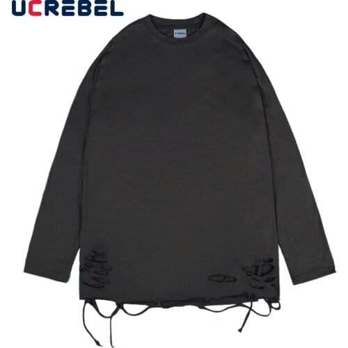 Solid Color Hem Ripped Hole Long Sleeve T-shirt Mens High Street Crew Neck Cotton Tee Casual Loose T Shirt Men