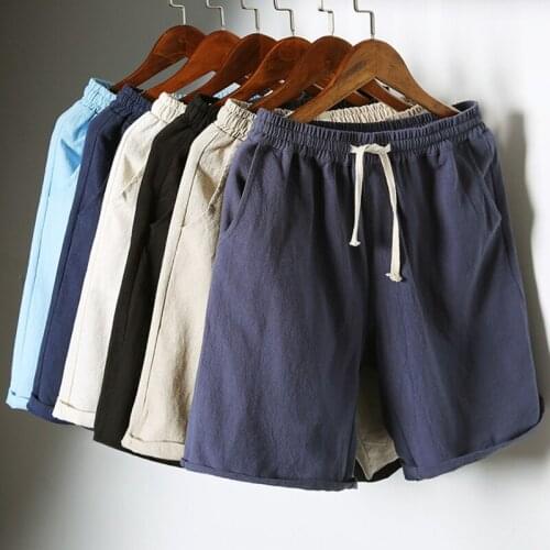 Mens Summer Shorts Cotton Linen Solid Drawstrings Waist Short Pants Casual JL