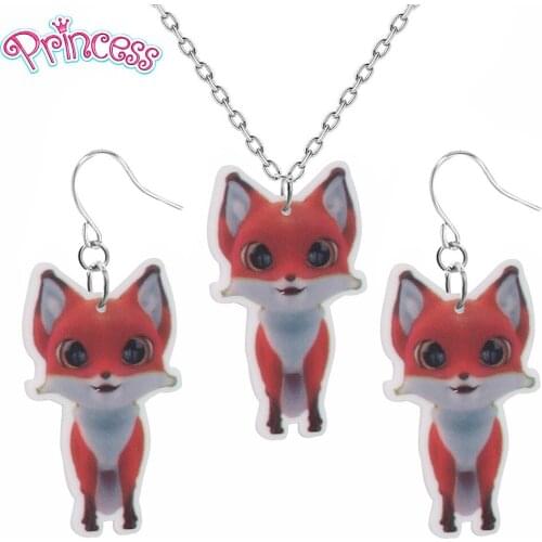 2019 New Fashion Girls Kids Gift Jewelry Cool Orange Fox Earring Pendant Short Chain Necklace Xma Gift Wholesale KS49