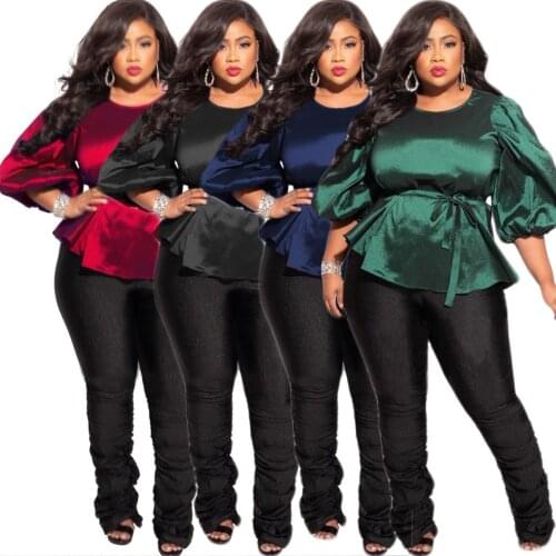 Solid Color Women Plus Size Lantern Sleeve Tops Elegant O-Neck High Waist Lace-up Hot Selling T-shirts 2021 Autumn New Arrivals